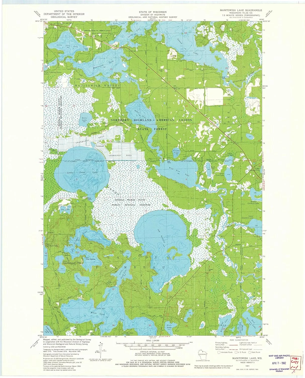 Manitowish Lake WI topo map, 1:24000 Scale, 7.5 X 7.5 Minute, Historical, 1981, Updated 1982, 27.64 x 22.15 in