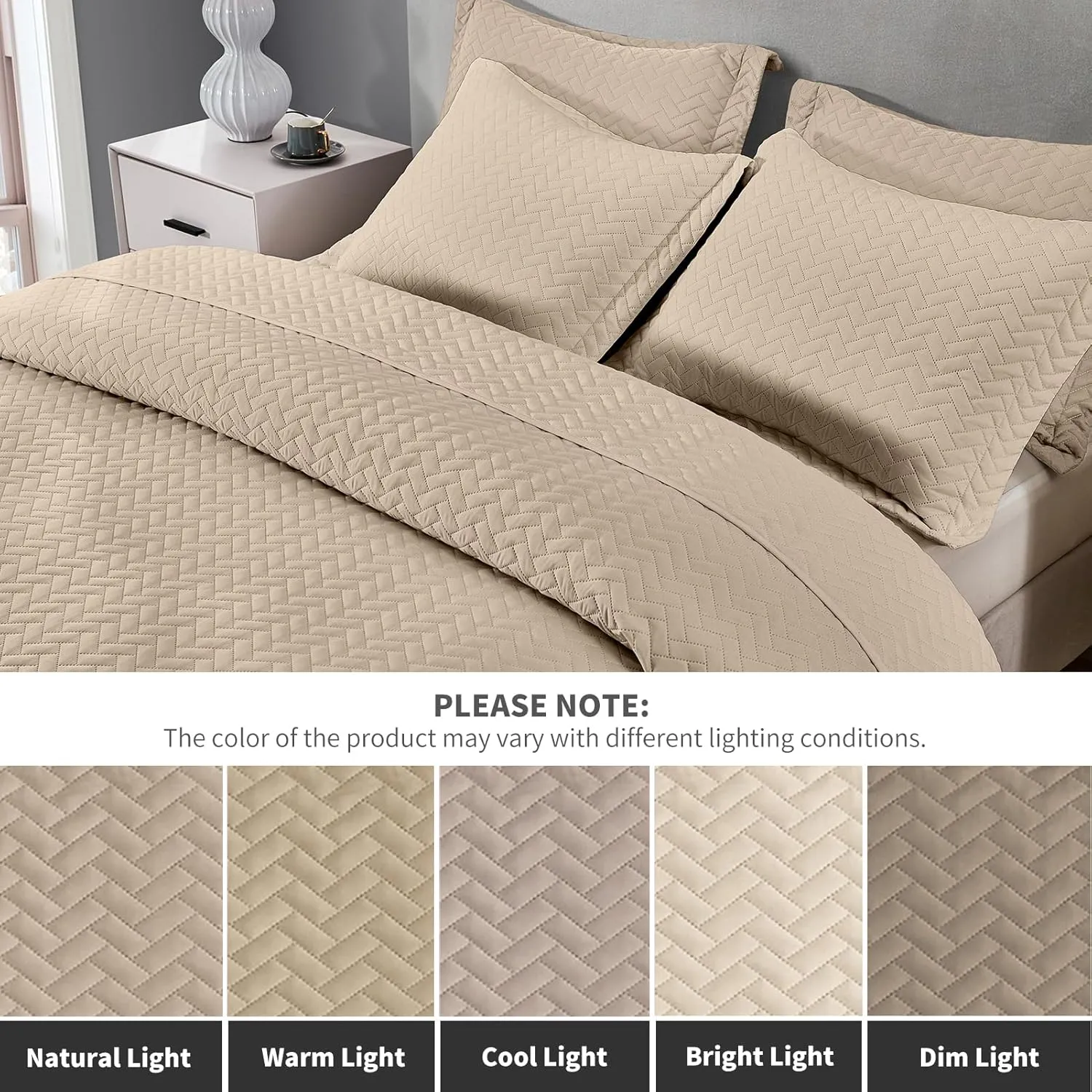 Maple&Stone Quilt Set King Size, Lightweight Beige Bedspread Ultrasonic Chevron Pattern Light Coverlet for All Season Comforter Bedding Decor - 3 Piece King Bed Cover Sets