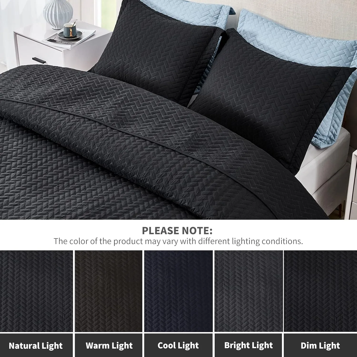 Maple&Stone Quilt Set King Size, Lightweight Black Bedspread Ultrasonic Chevron Pattern Light Coverlet for All Season Comforter Bedding Decor - 3 Piece King Bed Cover Sets