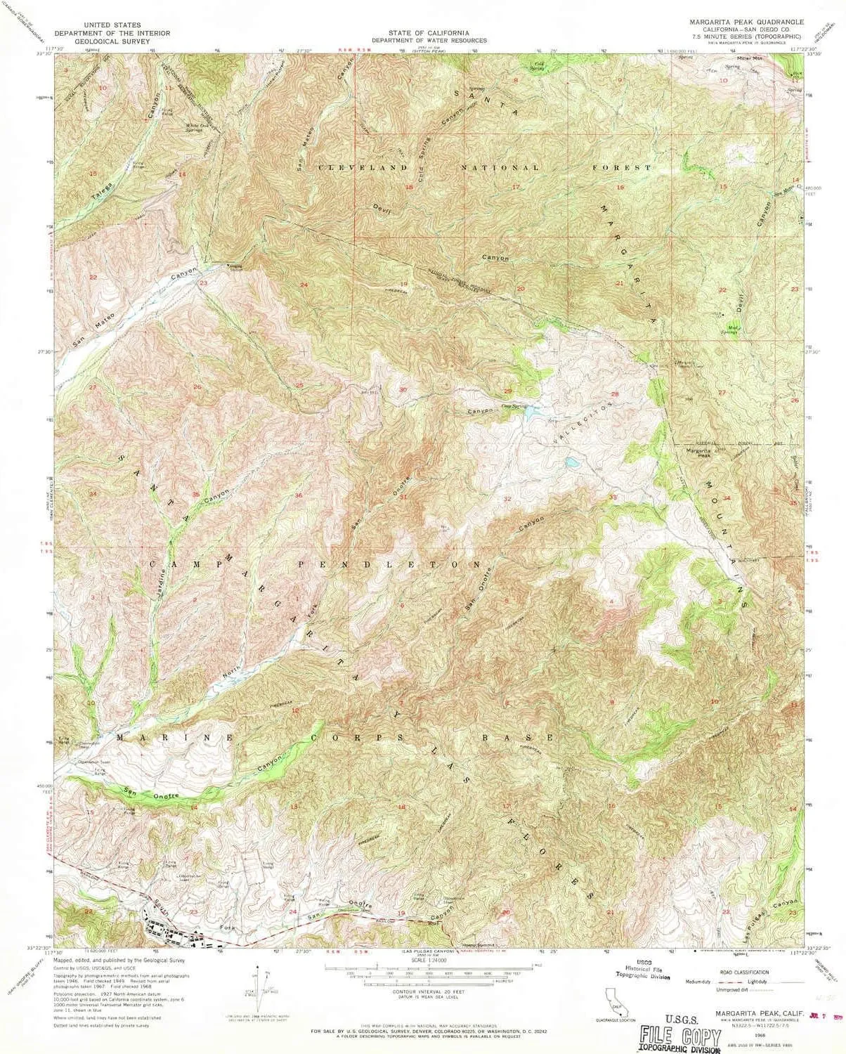 Margarita Peak CA topo map, 1:24000 Scale, 7.5 X 7.5 Minute, Historical, 1968, Updated 1970, 26.8 x 22 in