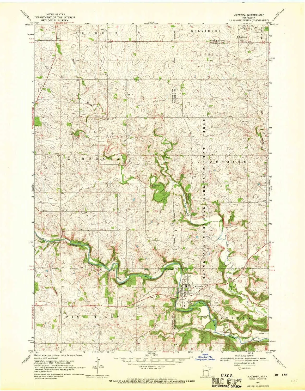Mazeppa MN topo map, 1:24000 Scale, 7.5 X 7.5 Minute, Historical, 1968, Updated 1970, 27.23 x 21.53 in