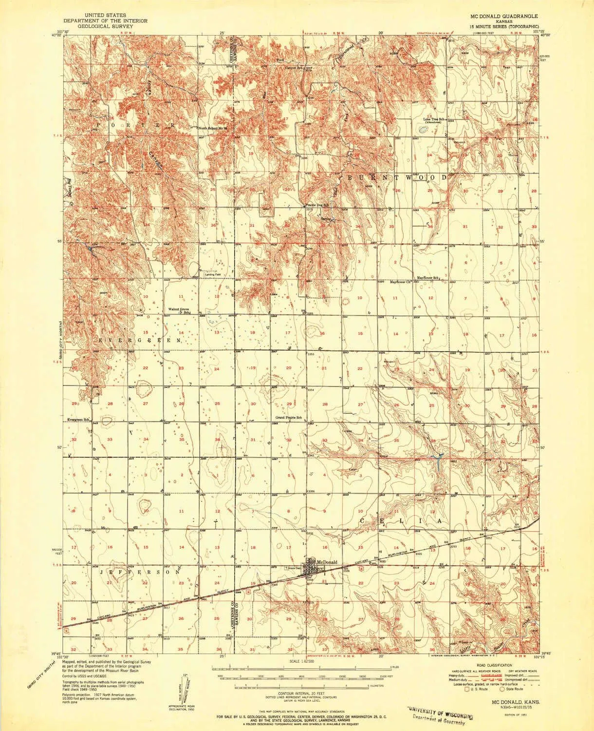 Mc Donald KS topo map, 1:62500 Scale, 15 X 15 Minute, Historical, 1951, 20.66 x 16.81 in
