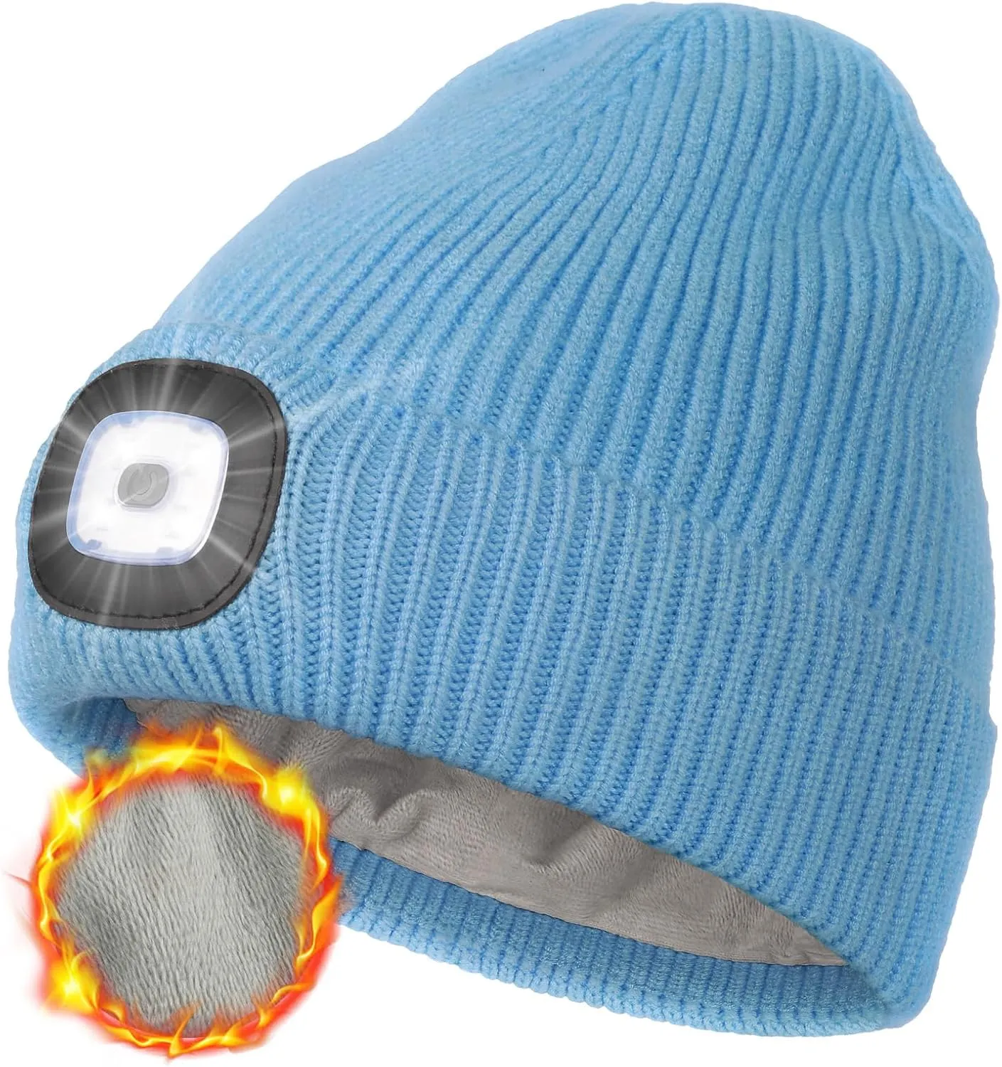 MELASA Winter Fleece Lined LED Beanie, USB Rechargeable Hand Free Warm Hat with Light Built in, Gifts for Men Dad Husband Him
