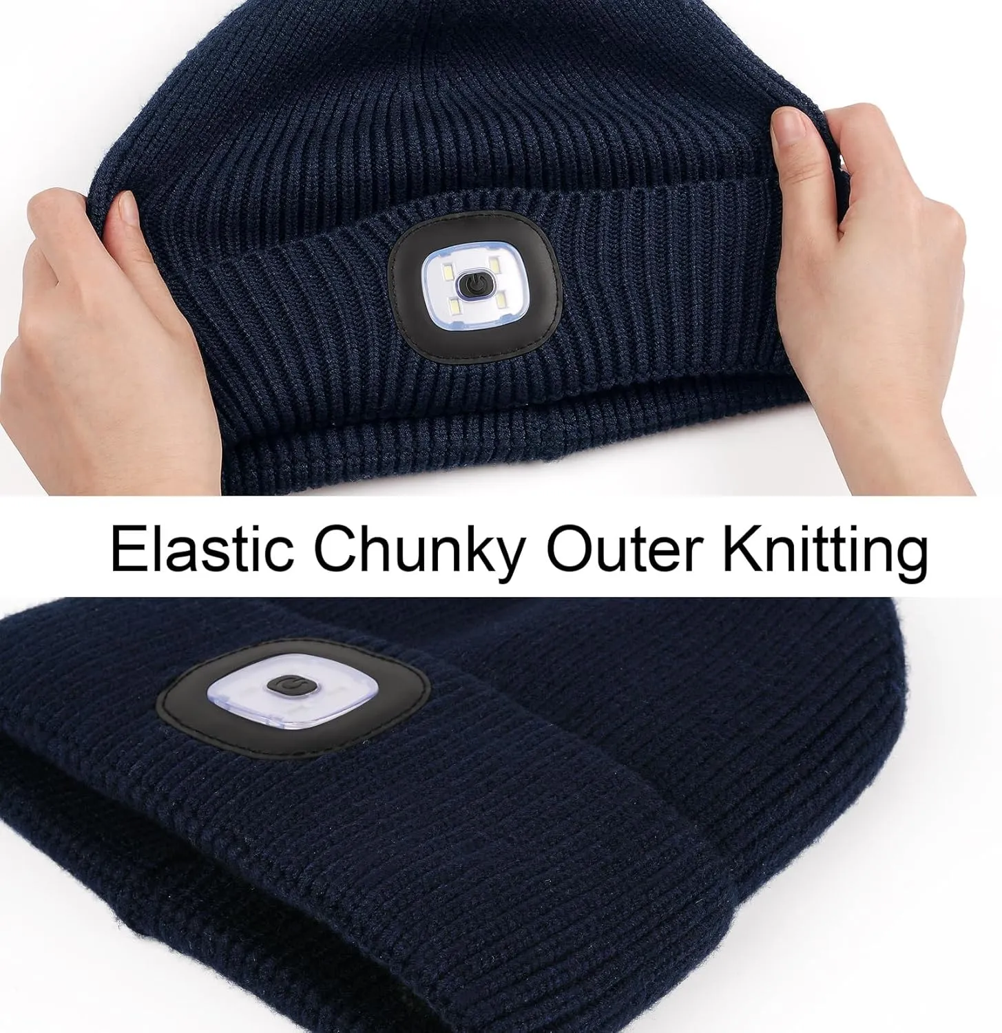 MELASA Winter Fleece Lined LED Beanie, USB Rechargeable Hand Free Warm Hat with Light Built in, Gifts for Men Dad Husband Him