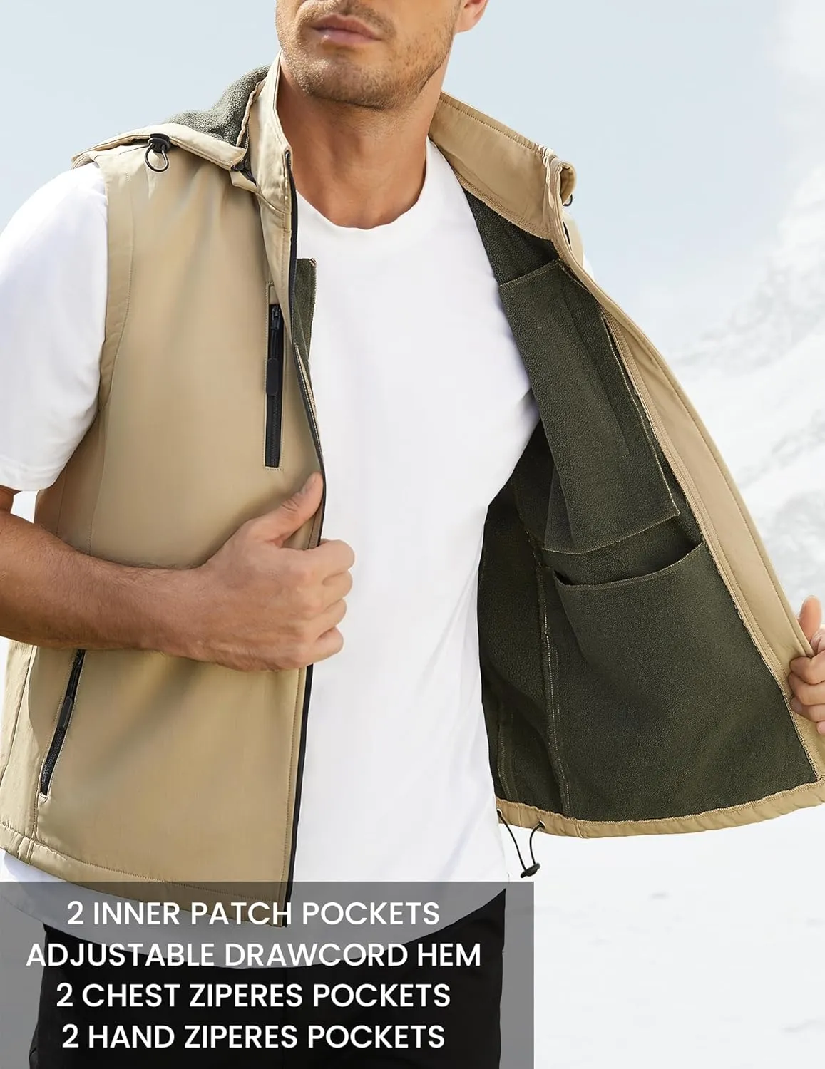 Men Vest Outerwear Windproof Vests Fleece Sleeveless Jacket with Detachable Hood for Golf Hiking