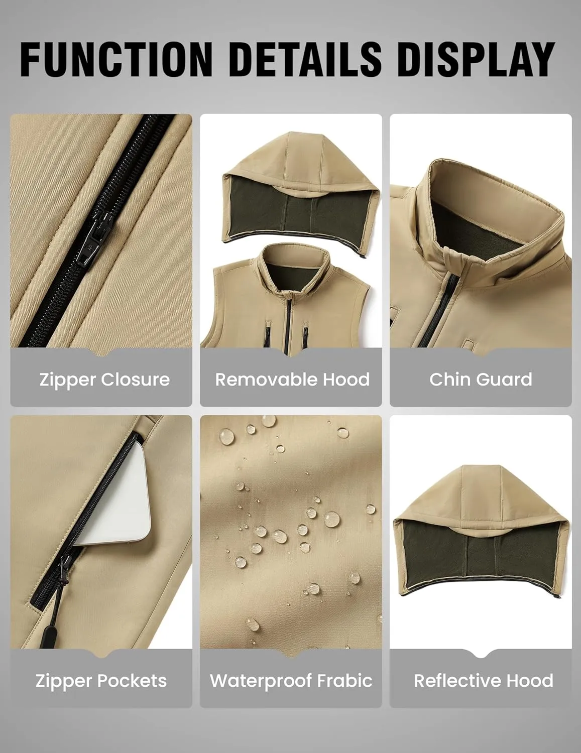 Men Vest Outerwear Windproof Vests Fleece Sleeveless Jacket with Detachable Hood for Golf Hiking