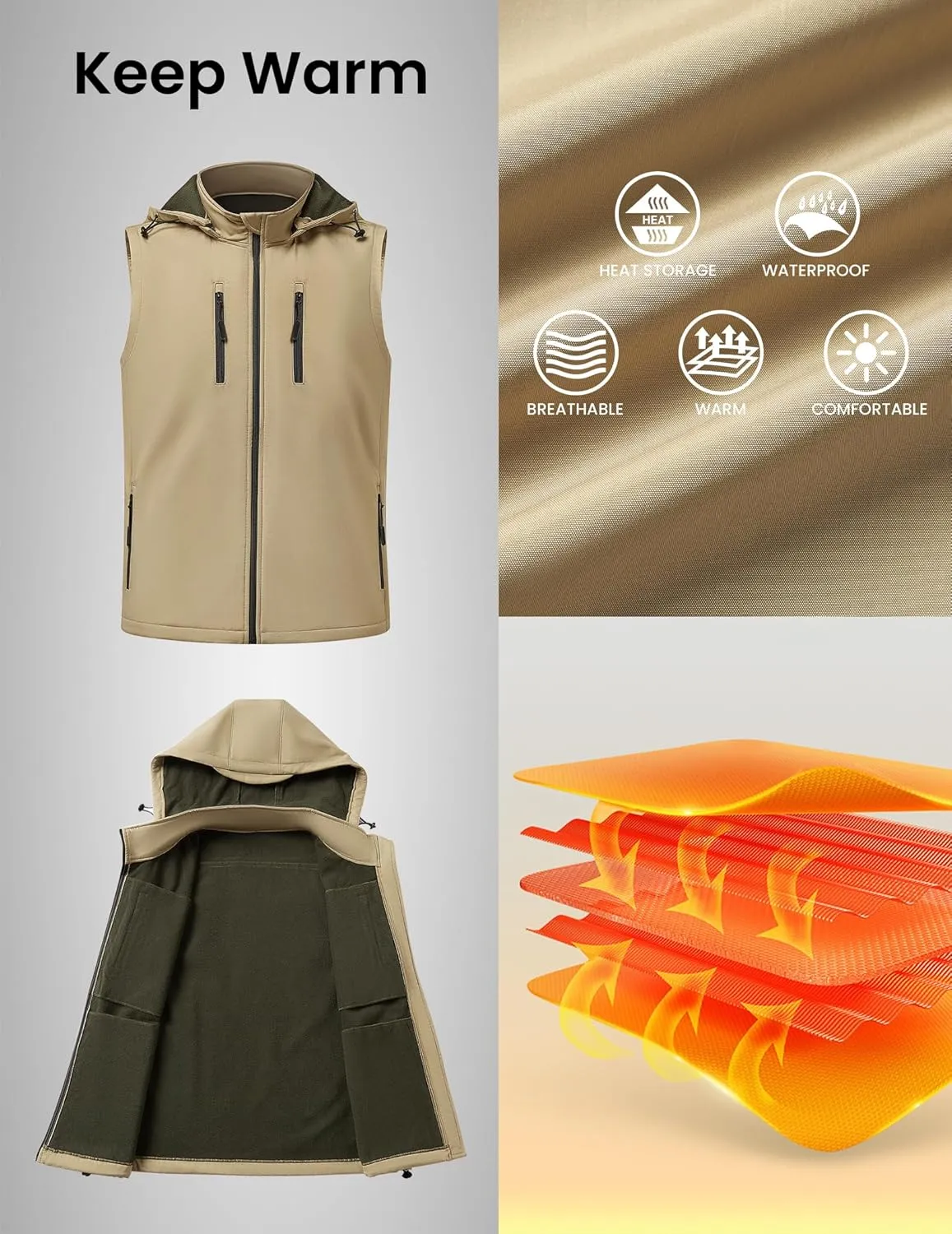 Men Vest Outerwear Windproof Vests Fleece Sleeveless Jacket with Detachable Hood for Golf Hiking