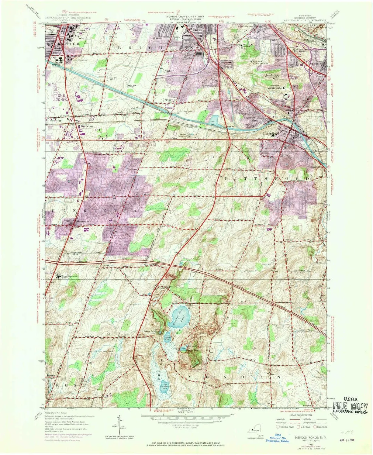 Mendon Ponds NY topo map, 1:24000 Scale, 7.5 X 7.5 Minute, Historical, 1952, Updated 1970, 27 x 22.1 in