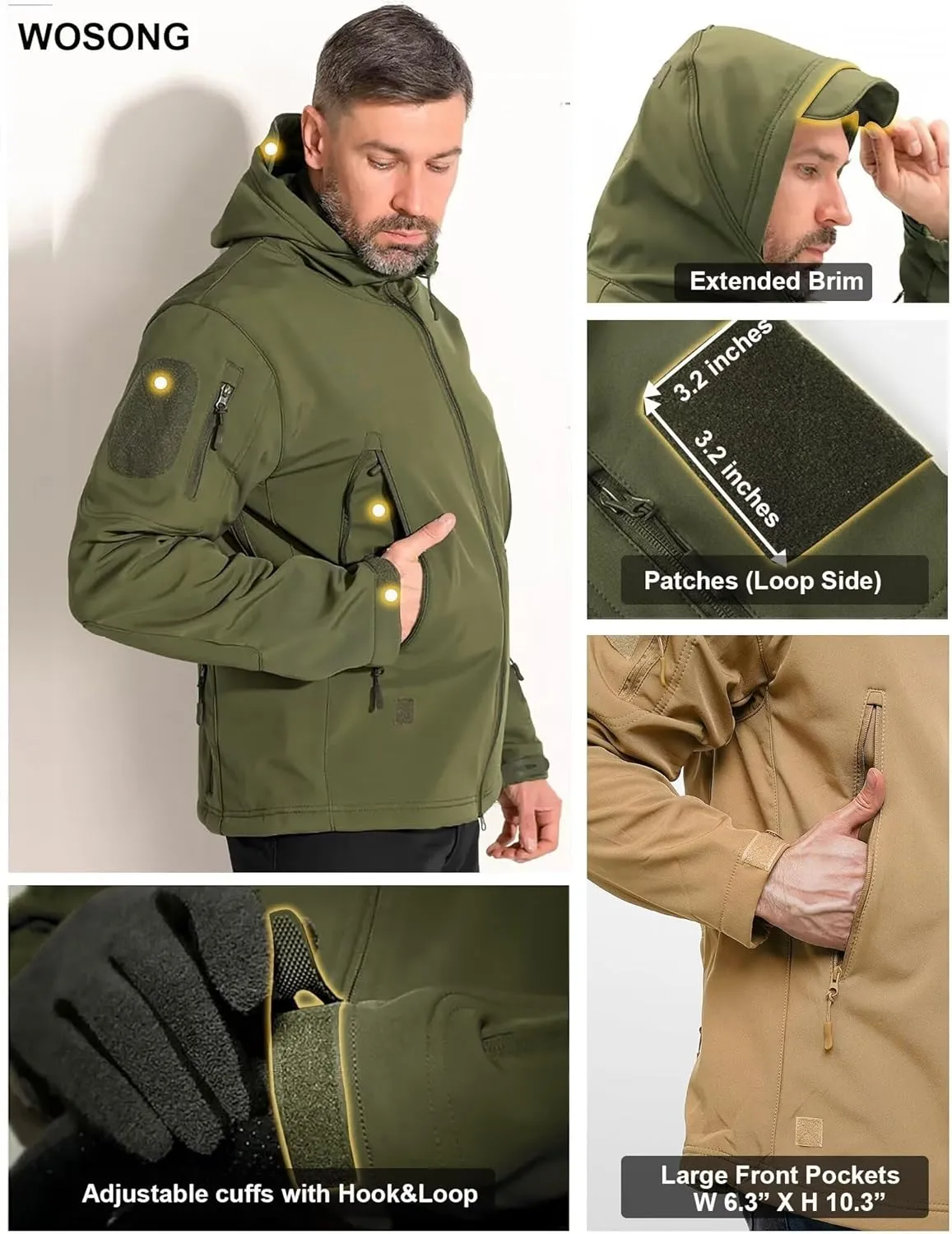 Men's Hooded Softshell Jacket,Waterproof Windbreaker,Insulated,Fall Winter,Fleece Lined,Snow Rain Jackets 6 Zip-Pocket