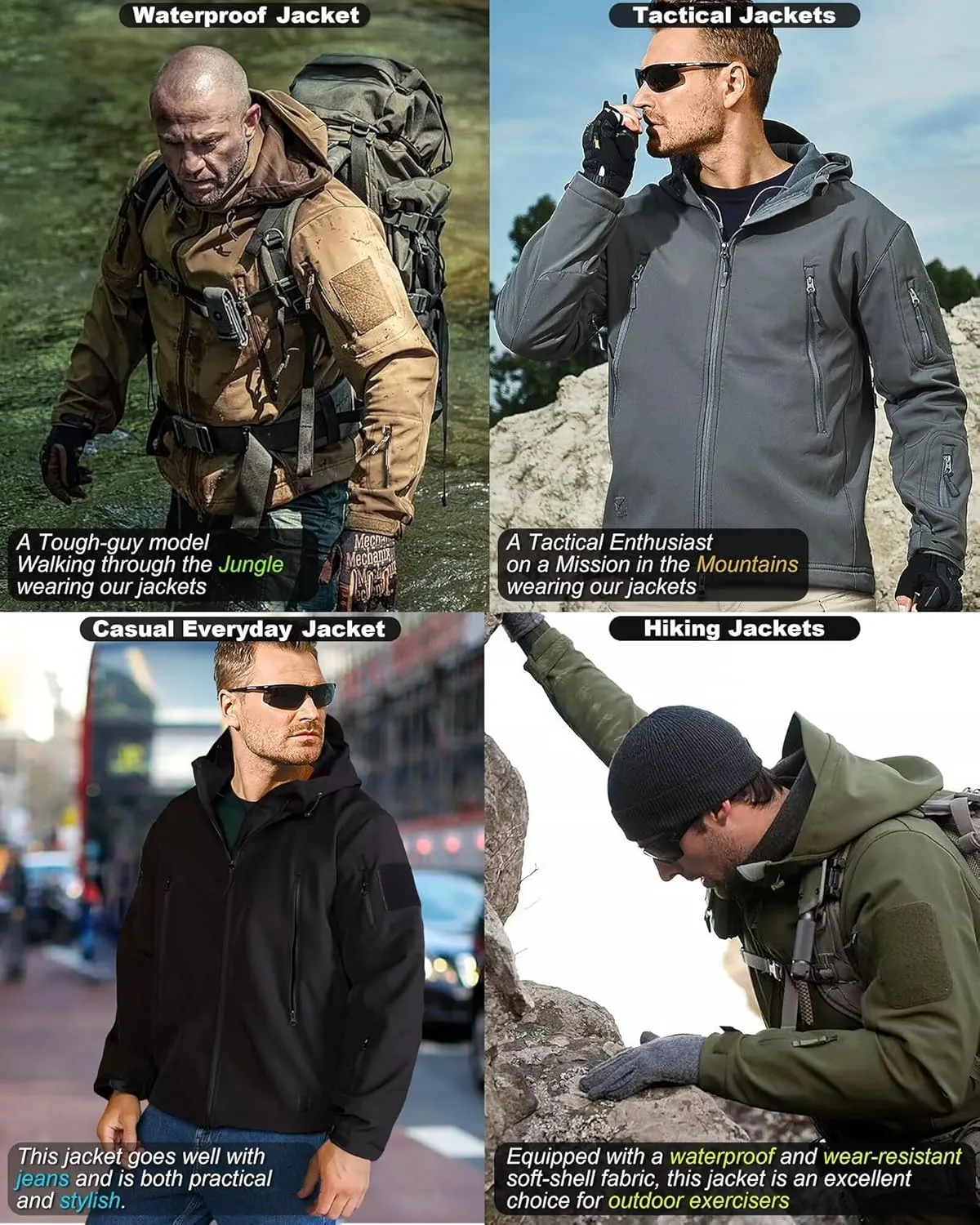 Men's Hooded Softshell Jacket,Waterproof Windbreaker,Insulated,Fall Winter,Fleece Lined,Snow Rain Jackets 6 Zip-Pocket