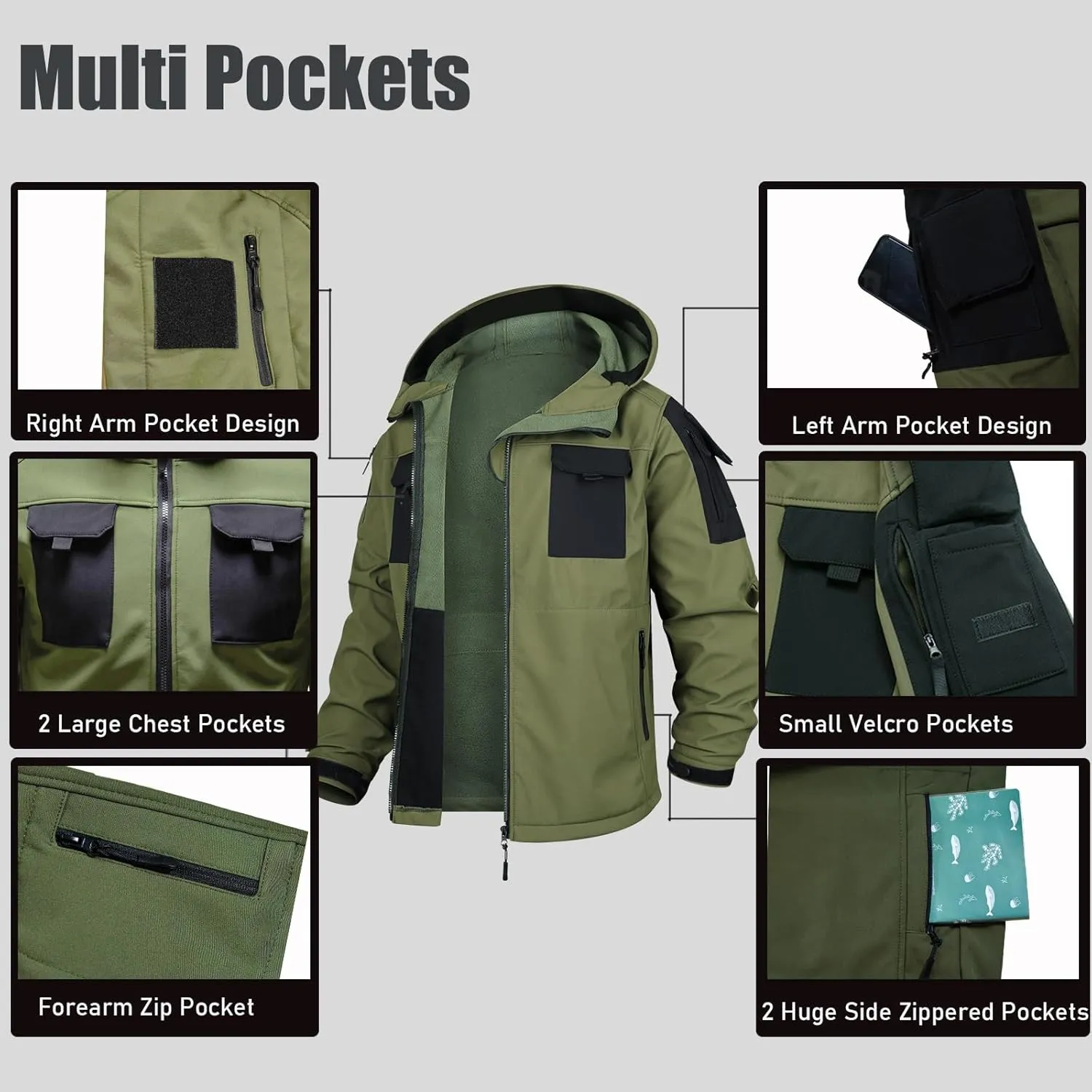 Men's Outdoor Tactical Jacket Softshell Waterproof Lightweight Windbreaker Multi Pockets Hunting Hiking Jackets