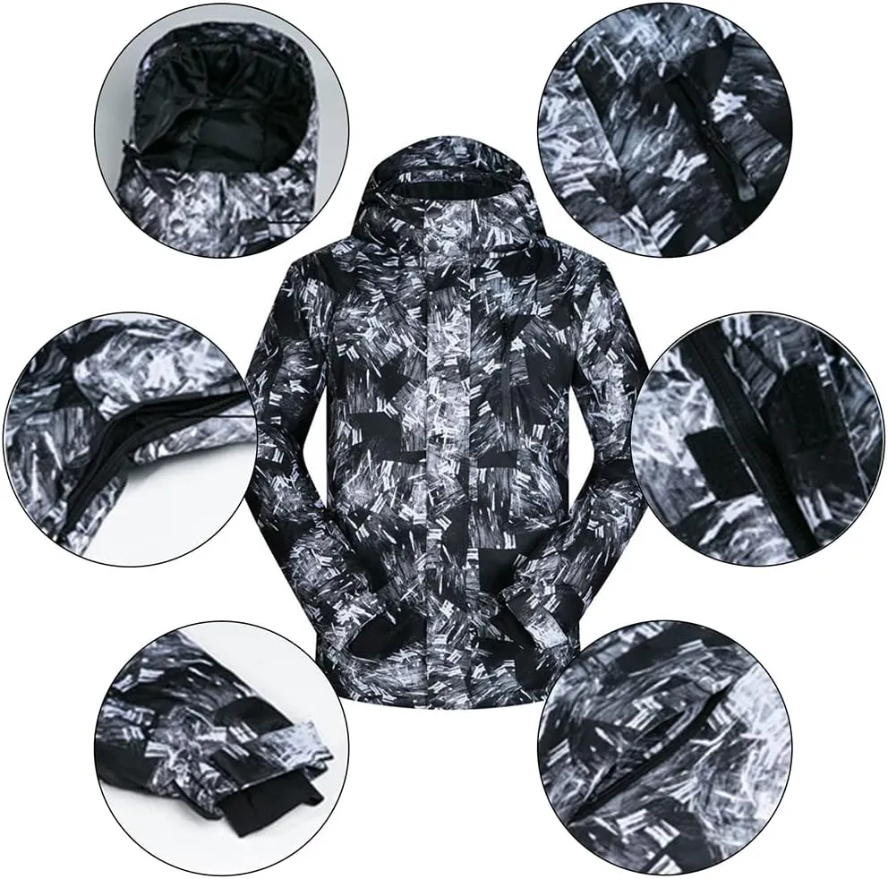 Mens Ski Jacket and Pants Set Ski Suit Winter Waterproof Windproof Hooded Snow Coat 2 Pieces Snowboarding Snowsuits