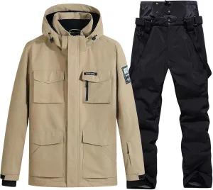 Men's Ski Jacket and Pants Set Waterproof Snowsuit Windproof Snow Suit Winter Outdoor Ski Suit Khaki Medium