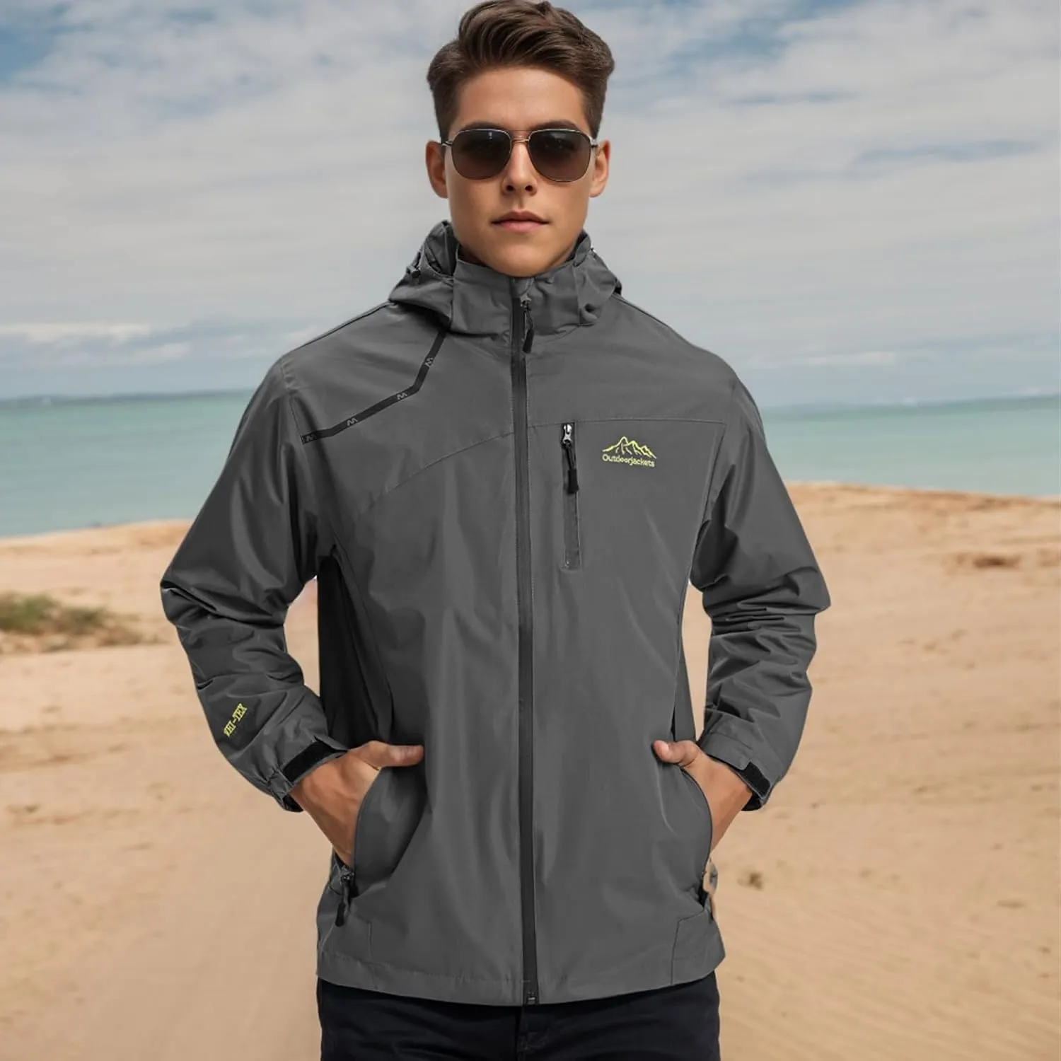 Men's Women's Waterproof Lightweight Rain Jacket Removable Hooded Windbreaker Raincoat Outdoor Windproof Casual