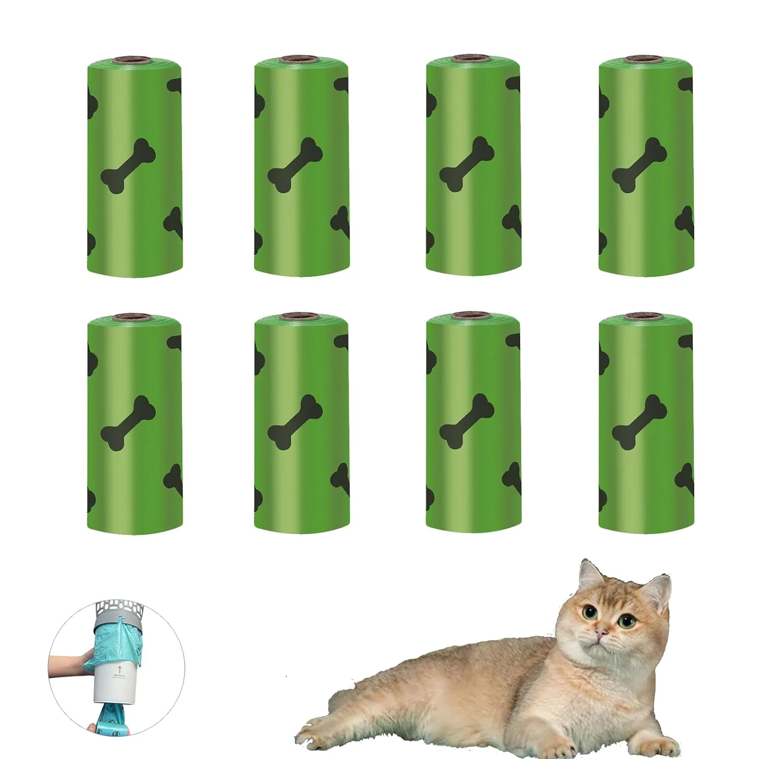 Meowbud Poop Scooper, Portable Litter Shovel with Bags, No Touch Litter Box Scoop, Cat Litter Scoop, Large Capacity Cat Scooper Portable Shovel (8pcs Green Garbage Bags)
