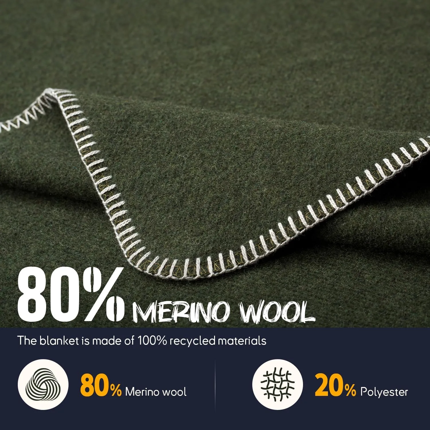 Merino Wool Blend Camping Blanket Ultra Warm, Moisture Wicking, Portable Outdoor Blanket for Camping, RV Trips, Adventures, Picnic, Bushcraft Survival Kits, Large 86"x62"