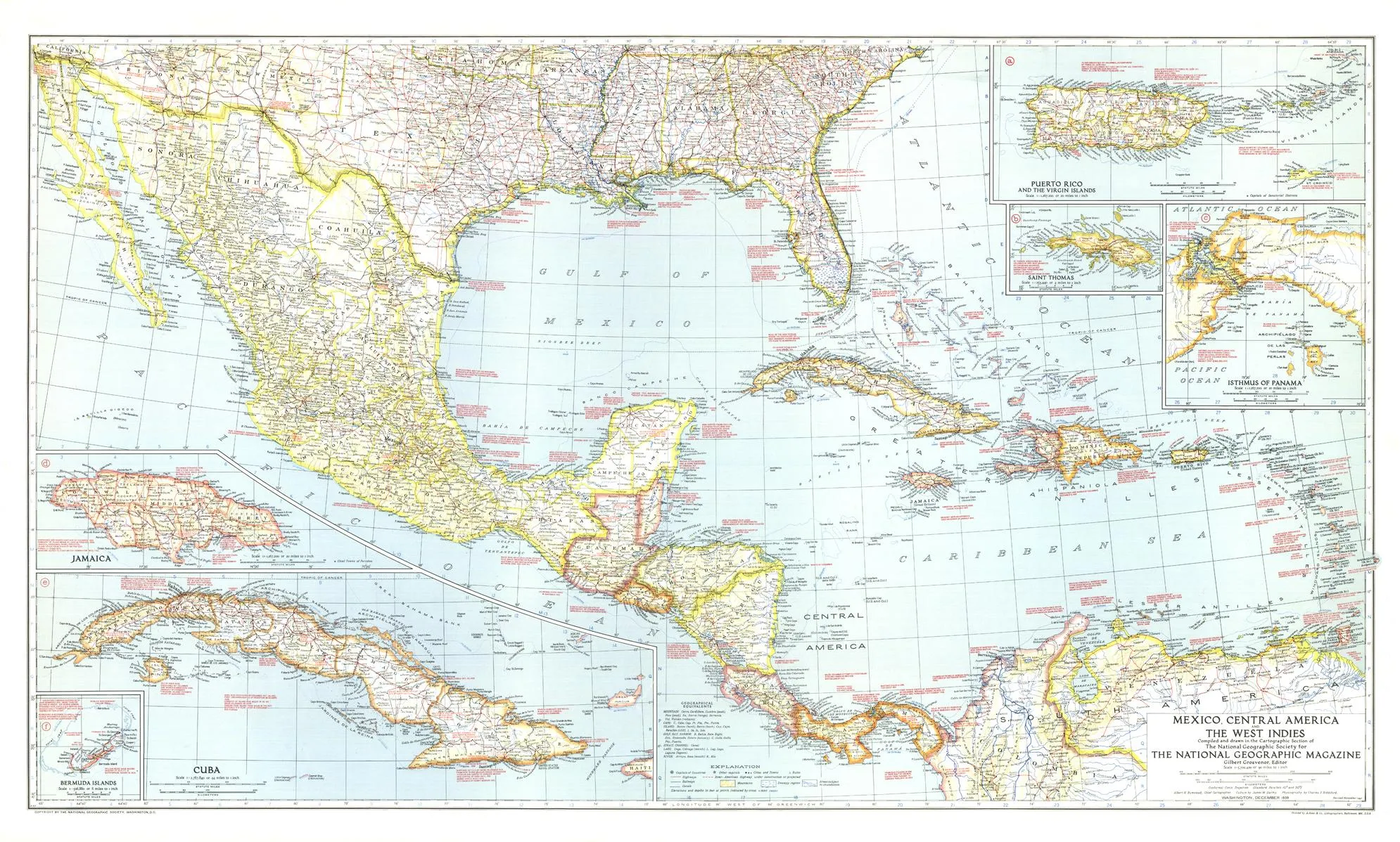 Mexico, Central America and the West Indies Wall Map - Published 1939 by National Geographic