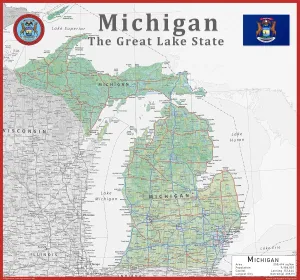 Michigan State Map - 17.7 x 16.5 Inches, Physical, Coated Paper, Blue Ocean, Wall-Maps