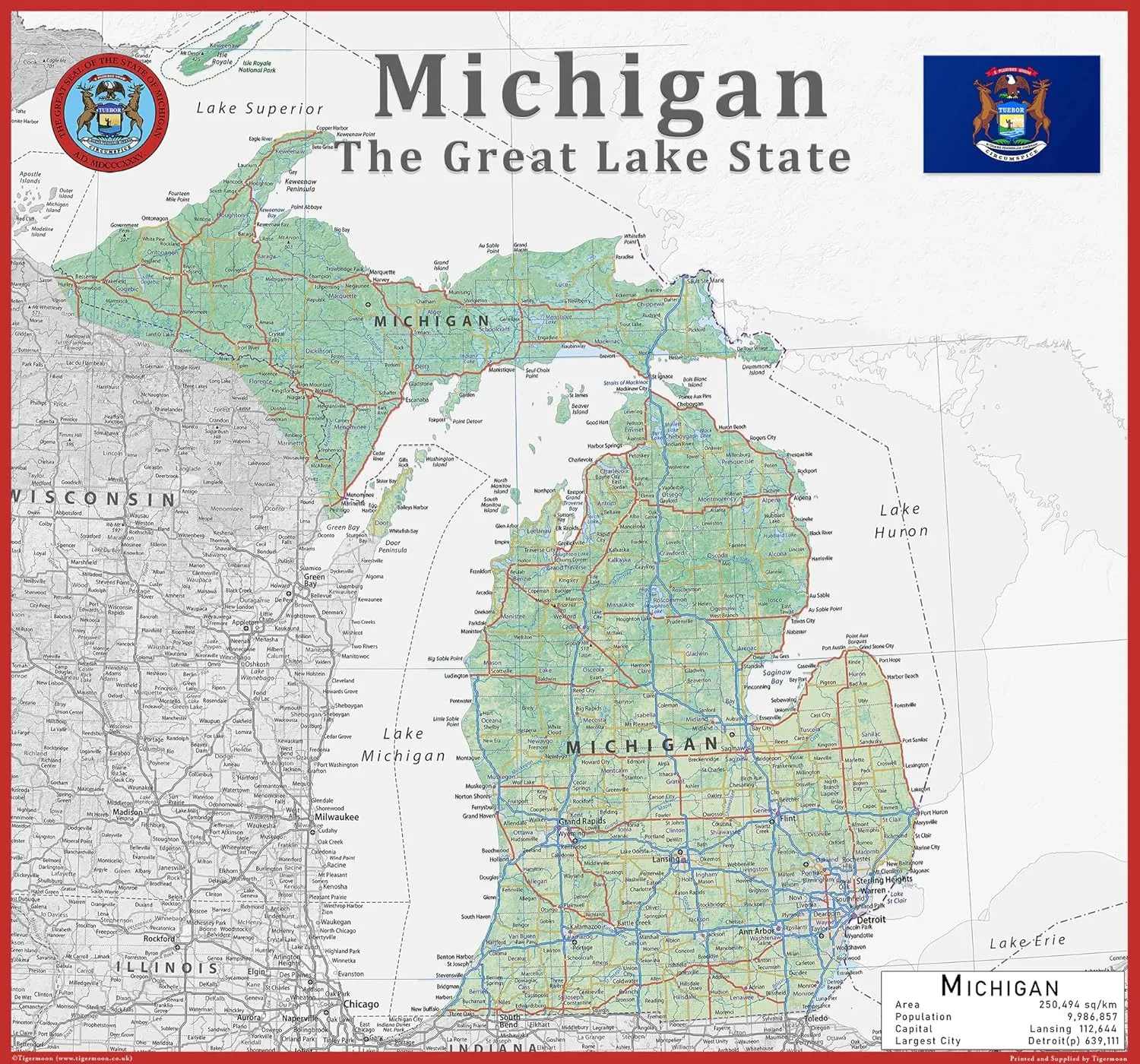 Michigan State Map - 17.7 x 16.5 Inches, Physical, Coated Paper, Blue Ocean, Wall-Maps