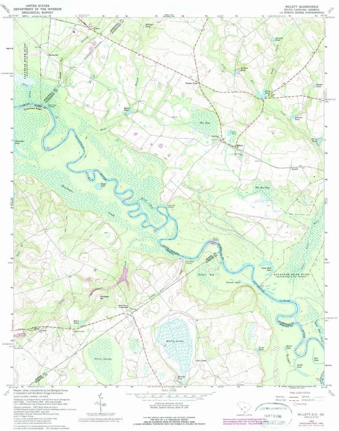 Millett SC topo map, 1:24000 Scale, 7.5 X 7.5 Minute, Historical, 1964, Updated 1989, 26.8 x 22 in