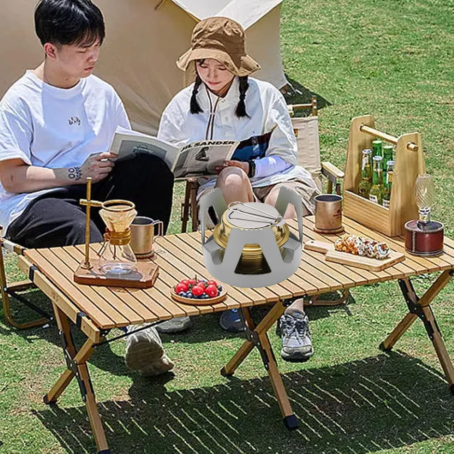 Mini Alcohol Stove Brass Aluminum Alloy Safe Windproof Portable Widely Used Mini Backpacking Stove for Camping Cooking Outdoor Activities