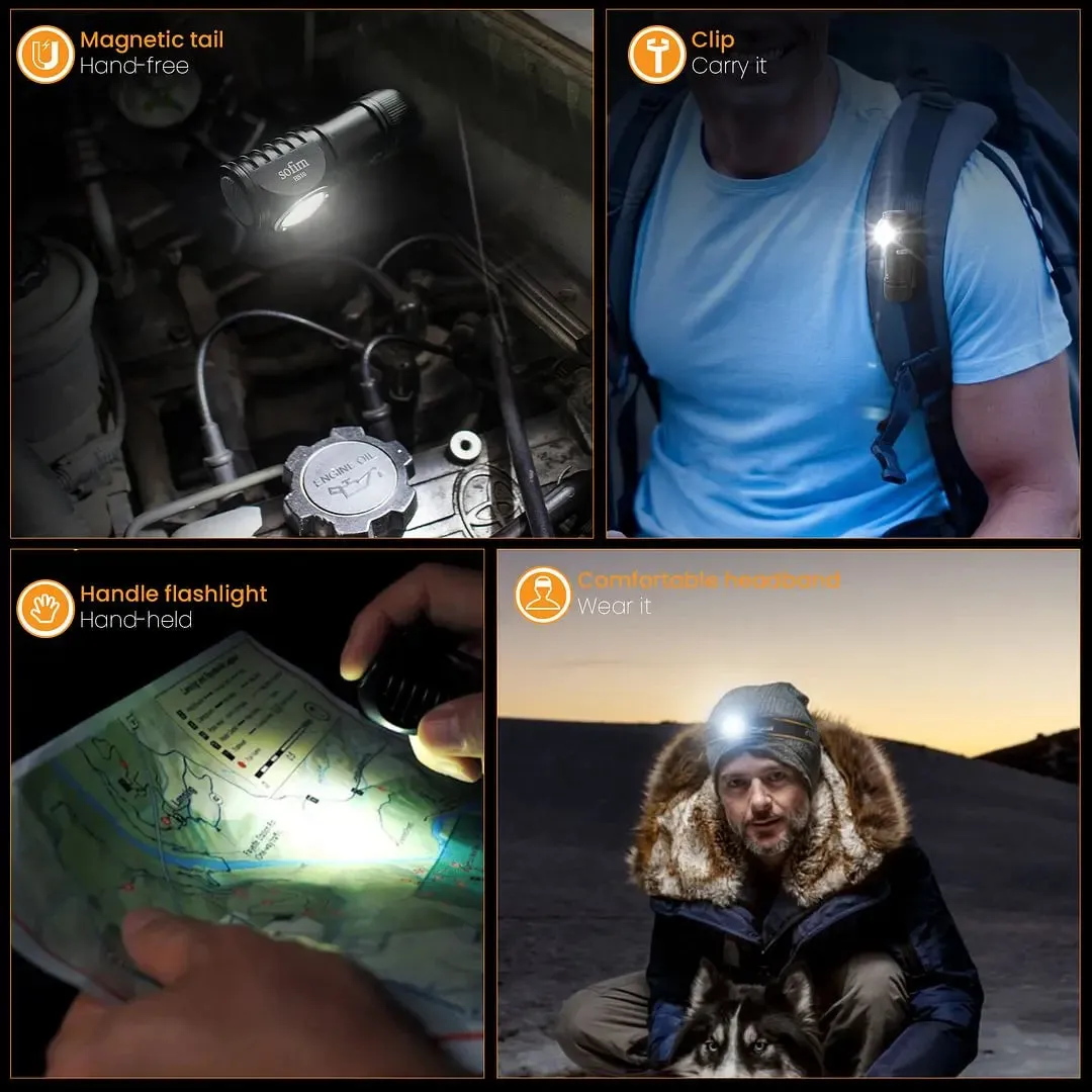 Mini USB-C Rechargeable Headlamp 1100lm 16340 LED Flashlight 90CRI Magnetic Tail Adjustable Angle