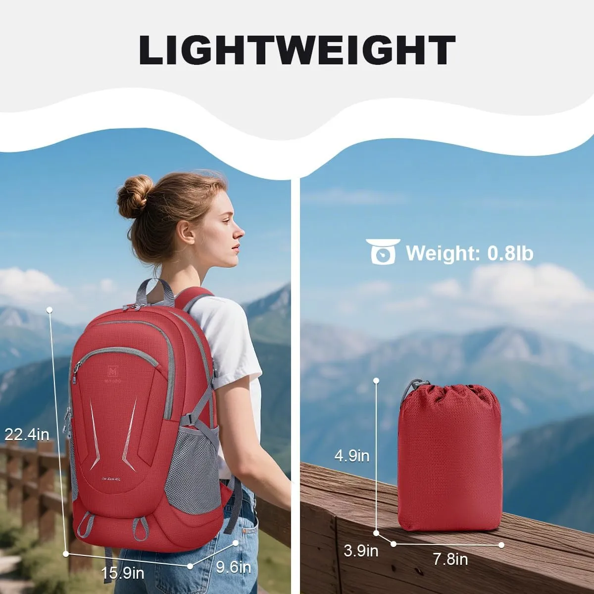 MIYCOO Backpack - Ultra Lightweight Packable Backpack for Travel Camping, 45L Hiking Back Pack Waterproof Foldable Daypack for Men Women Red