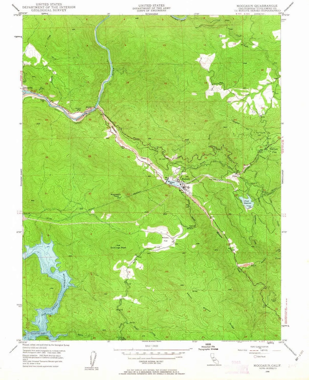 Moccasin CA topo map, 1:24000 Scale, 7.5 X 7.5 Minute, Historical, 1948, Updated 1963, 26.8 x 21.9 in