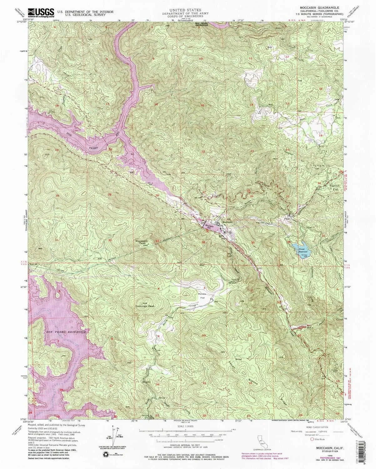 Moccasin CA topo map, 1:24000 Scale, 7.5 X 7.5 Minute, Historical, 1948, Updated 1987, 26.8 x 21.5 in