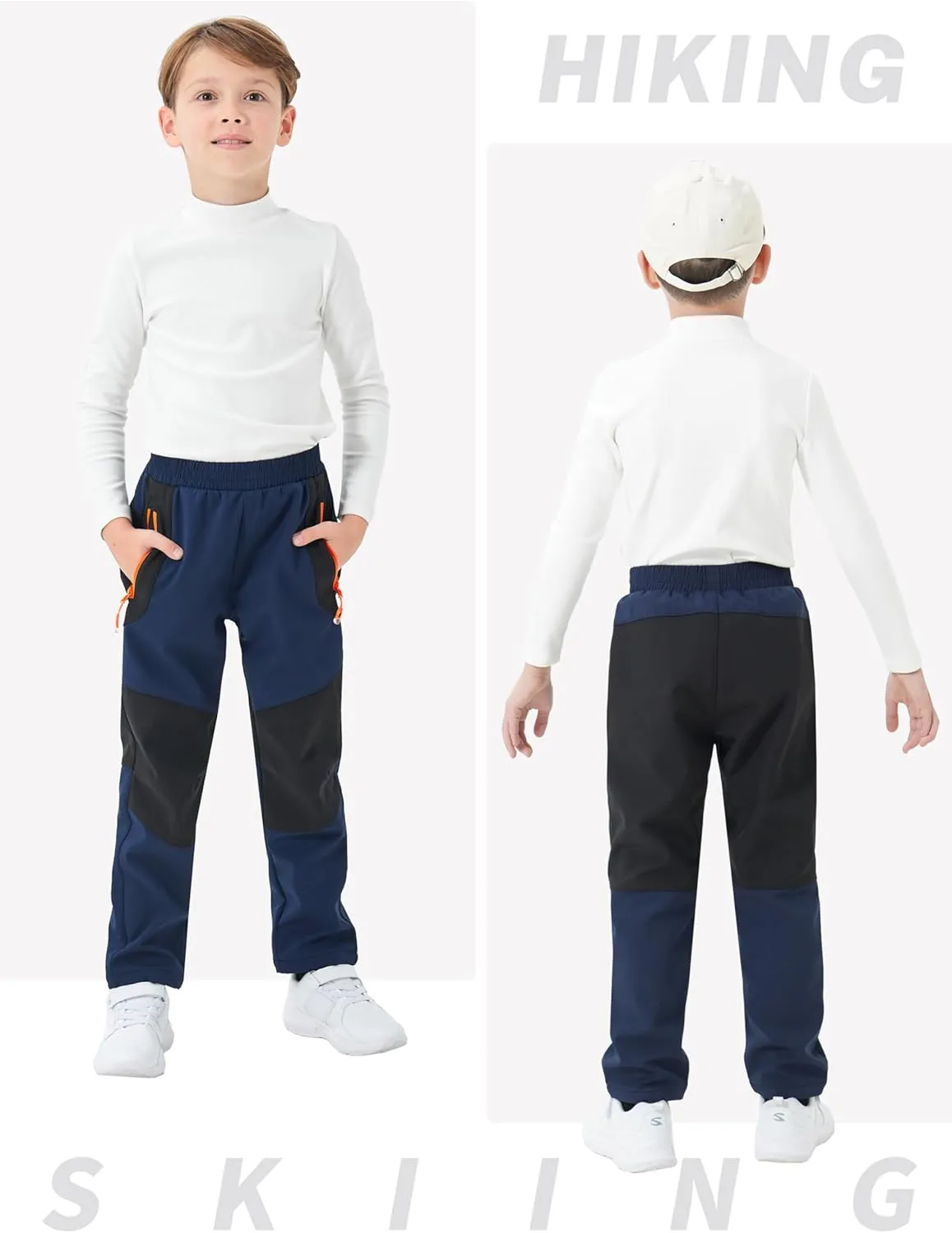 MoFiz Kids Fleece Lined Hiking Snow Ski Pants Boys Waterproof Winter Warm Outdoor Pants with Zippered Pocket
