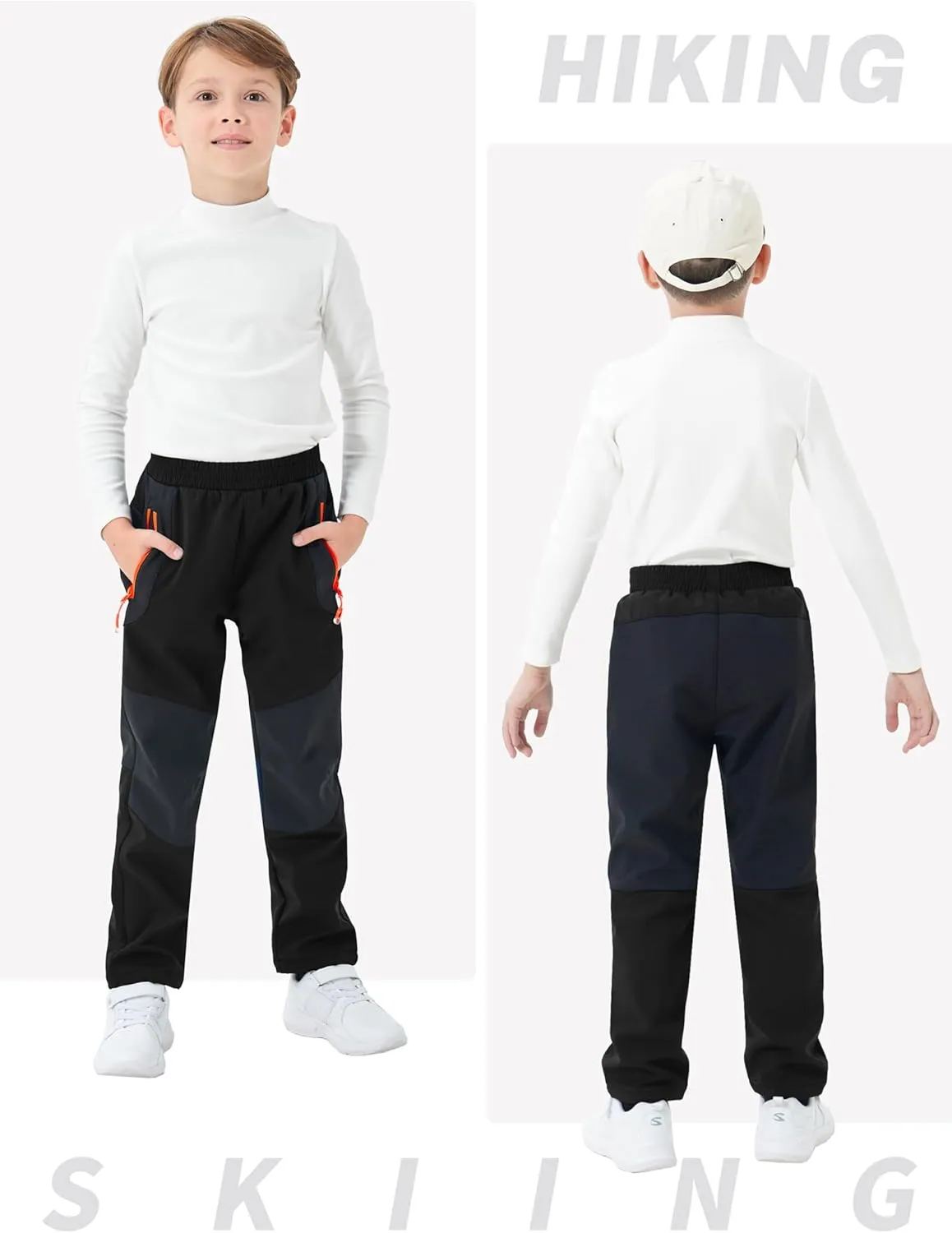 MoFiz Kids Fleece Lined Hiking Snow Ski Pants Boys Waterproof Winter Warm Outdoor Pants with Zippered Pocket