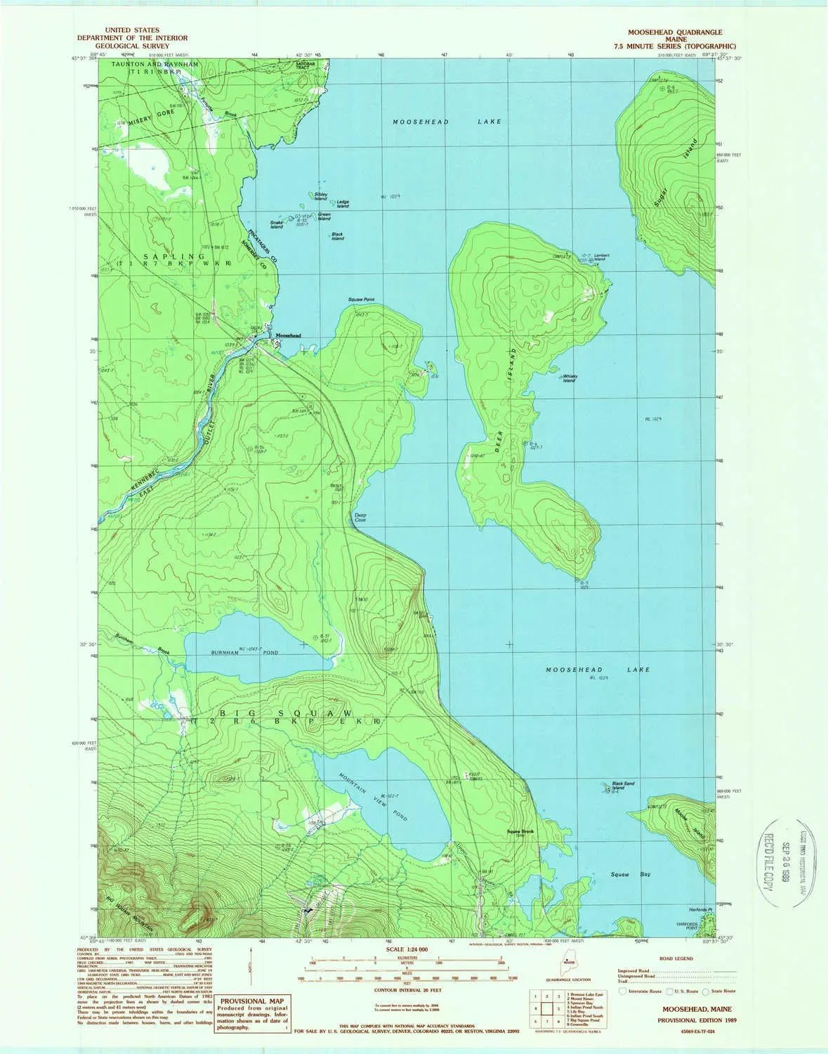 Moosehead ME topo map, 1:24000 Scale, 7.5 X 7.5 Minute, Historical, 1989, Updated 1989, 27.3 x 21.5 in