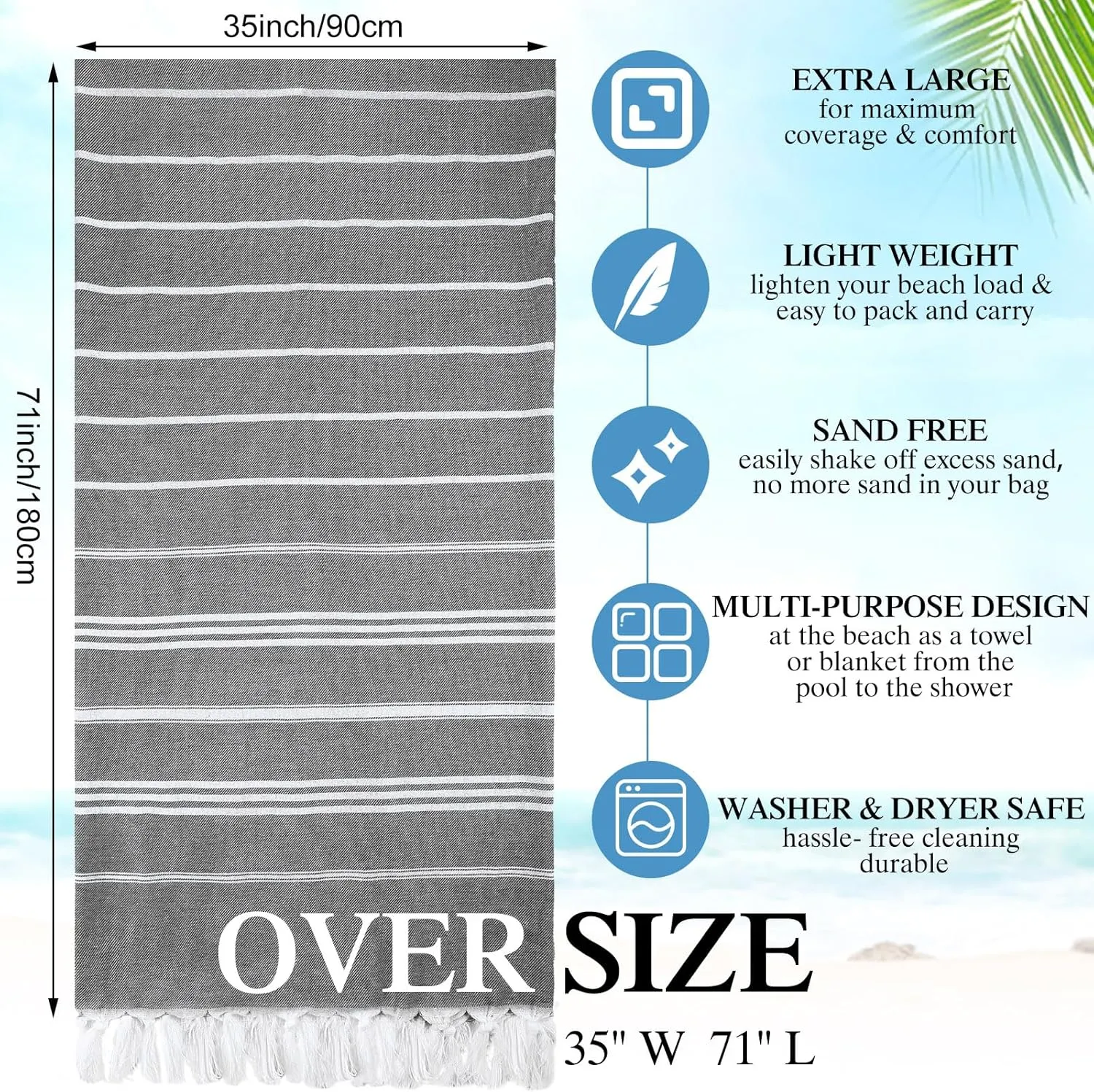 Moukeren 6 Pcs Turkish Beach Towels 35 x 71 Inch Turkish Cotton Travel Towels Large Quick Dry Sand Beach Supplies for Bath, Pool(Gray)