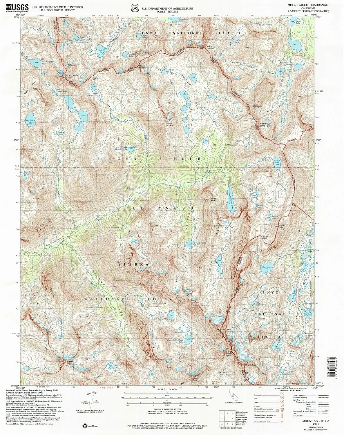 Mount Abbot CA topo map, 1:24000 Scale, 7.5 X 7.5 Minute, Historical, 2004, Updated 2007, 26.9 x 21.5 in