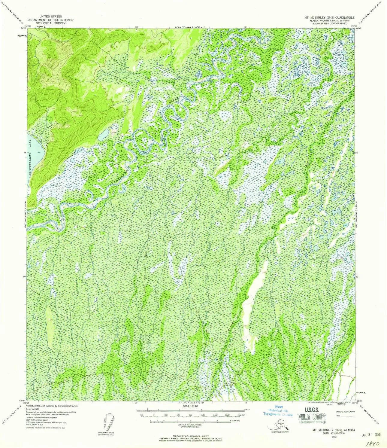 Mount McKinley D 3 AK topo map, 1:63360 Scale, 15 X 15 Minute, Historical, 1952, Updated 1958, 20.9 x 18 in