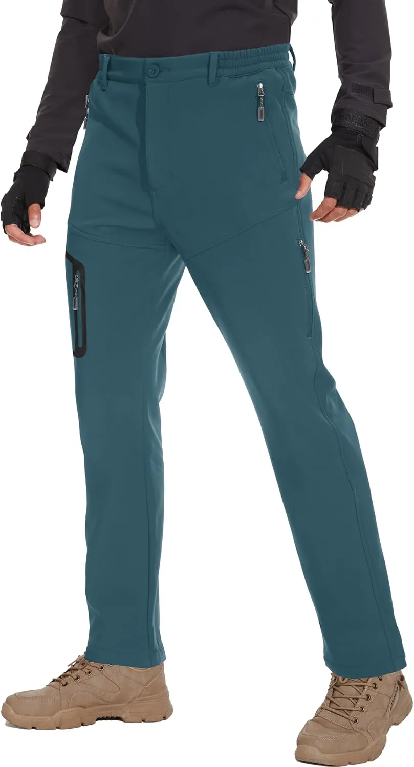 MOURCE Fleece Lined Hiking Pants Men - Waterproof Softshell Outdoor Ski Snow Cargo Pants with Zipper Pockets
