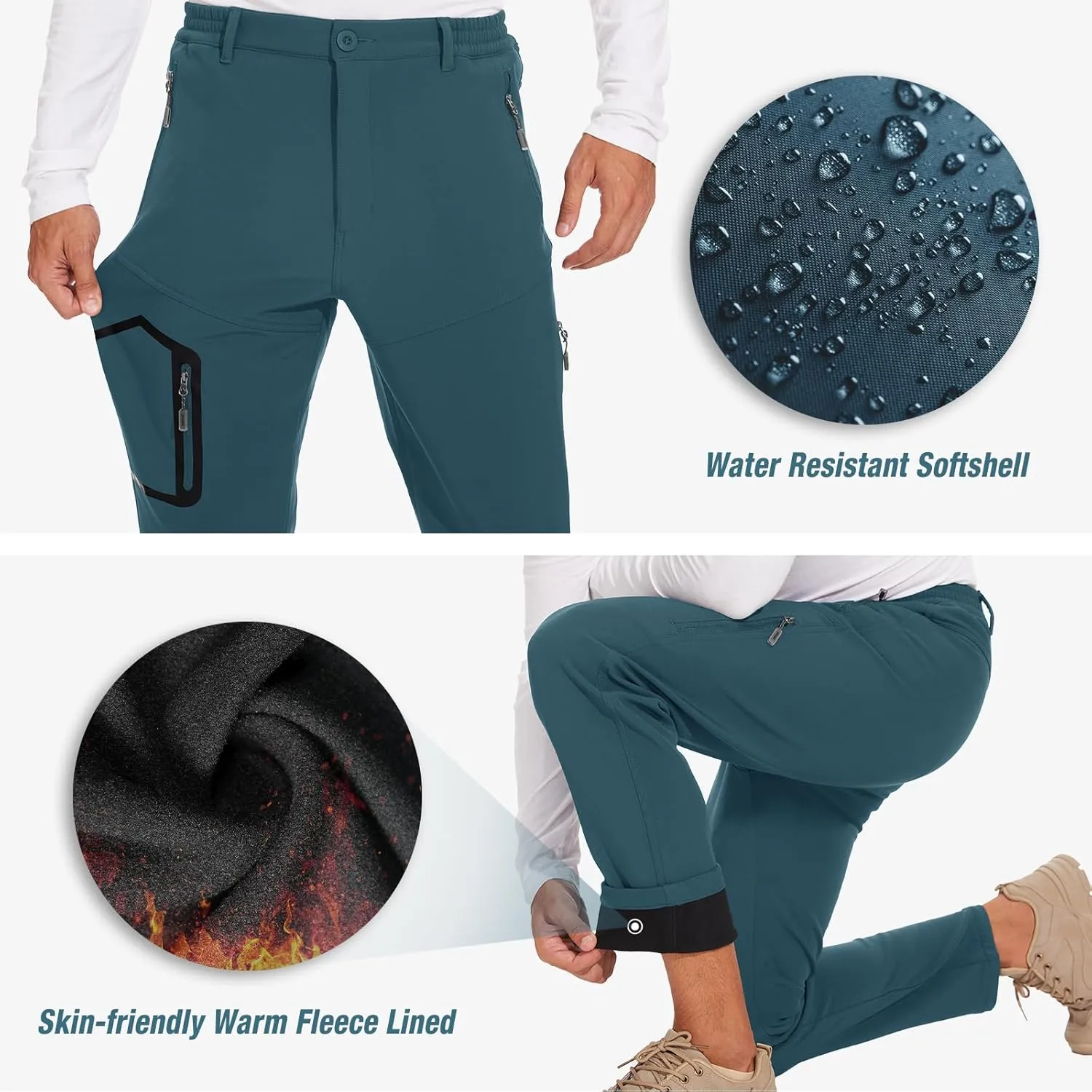 MOURCE Fleece Lined Hiking Pants Men - Waterproof Softshell Outdoor Ski Snow Cargo Pants with Zipper Pockets