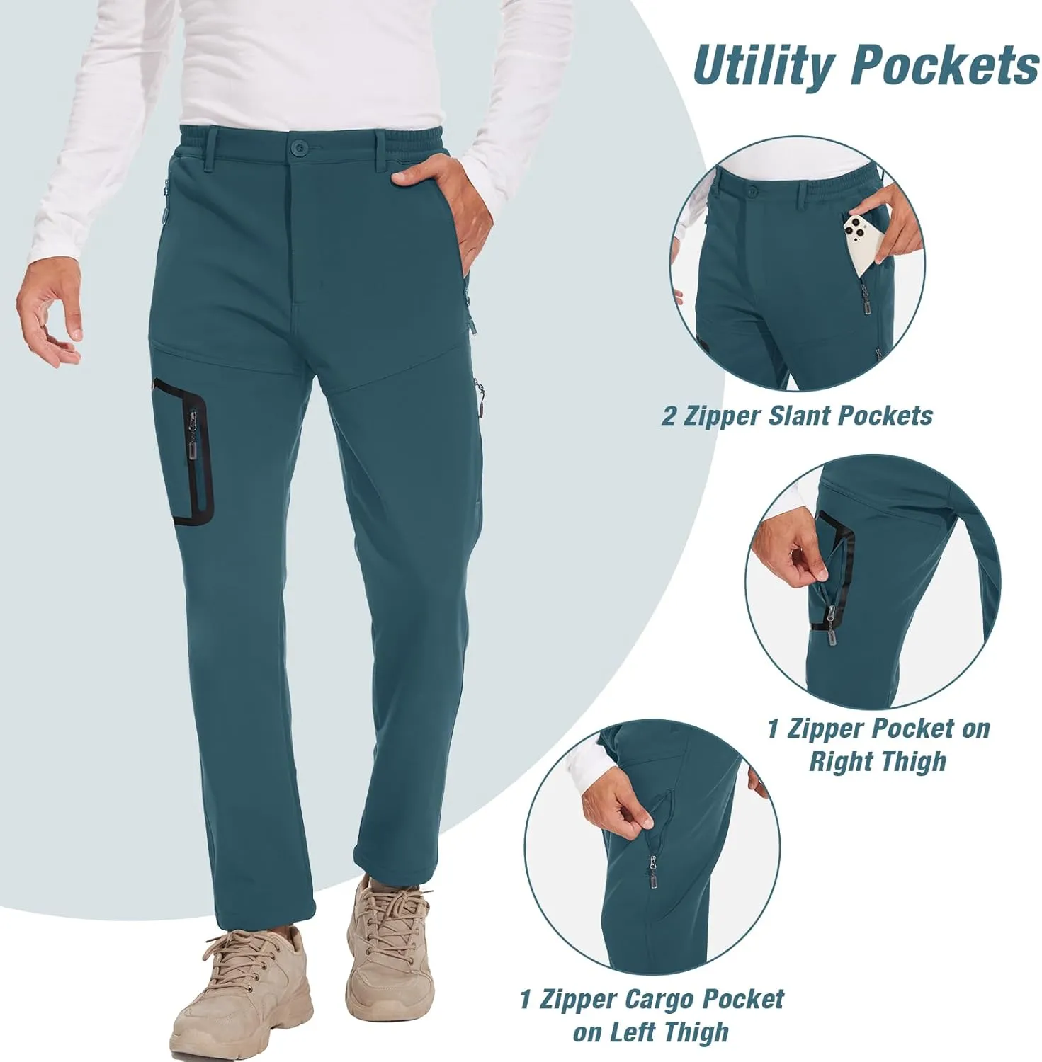 MOURCE Fleece Lined Hiking Pants Men - Waterproof Softshell Outdoor Ski Snow Cargo Pants with Zipper Pockets