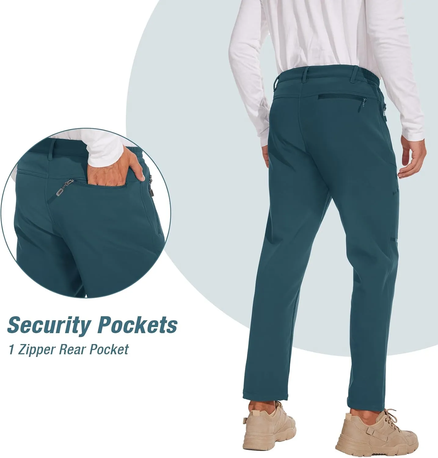 MOURCE Fleece Lined Hiking Pants Men - Waterproof Softshell Outdoor Ski Snow Cargo Pants with Zipper Pockets