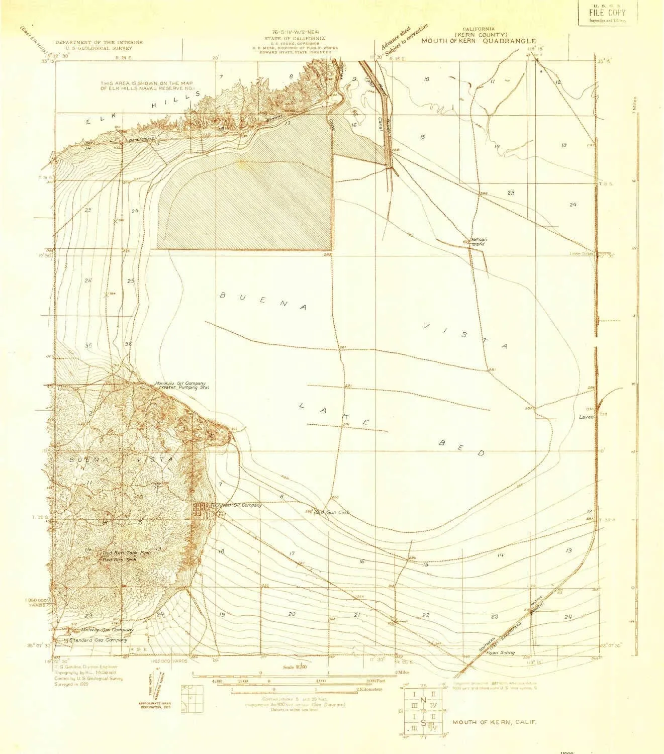 Mouth of Kern CA topo map, 1:31680 Scale, 7.5 X 7.5 Minute, Historical, 1929, 22.2 x 19.6 in