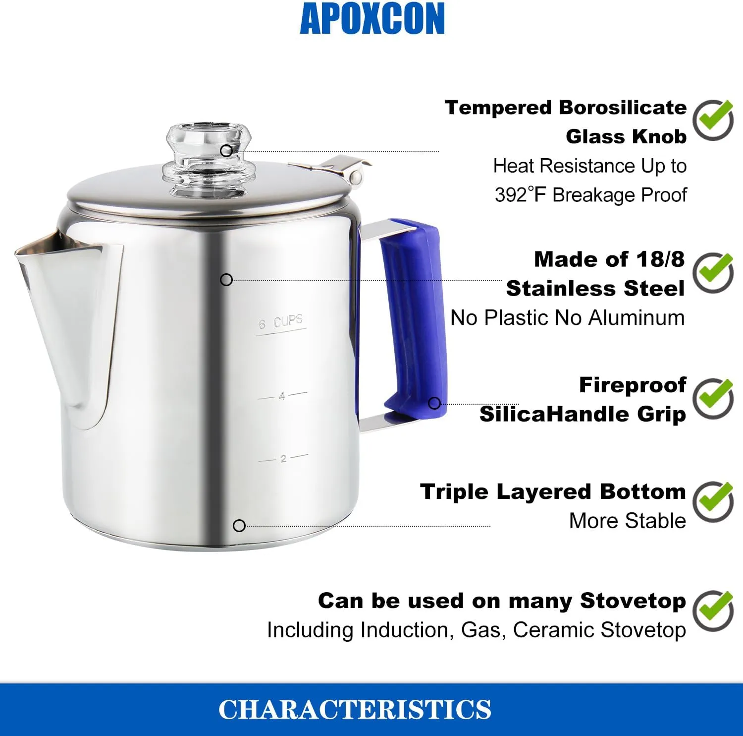 Multi Use Percolator Coffee Pot Stainless Steel Stove Top Coffee Maker with Two Tough Borosilicate Glass Knob Silica Handle Camping Coffee Pot Using on Campfire Stove & Induction Cooker Silver 6 Cup