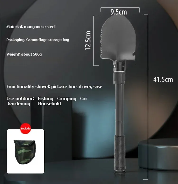 Multifunctional Folding Survival Shovel – Heavy-Duty Carbon Steel Tactical Entrenching Tool with Pickaxe, Saw, and Bottle Opener for Camping, Hiking, Off-Road, and Emergency Use