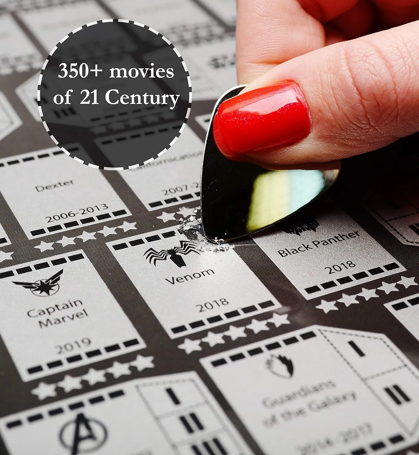MyMap 350 Movies Scratch Off Movie Poster Cinematic Bucket List Film Map Scratch Movie Poster XXI Century for Cinema Lovers, Birthday Anniversary Idea (XXI Century)