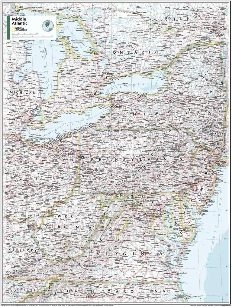National Geographic Maps: Mid-Atlantic U.S.A Wall Map - Compact - 21 x 16 inches - Front Lamination