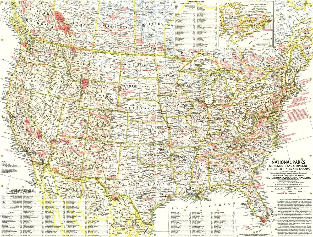National Parks Wall Map - Published 1958 by National Geographic