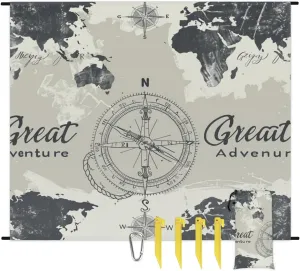 Nautical Compass World Map Beach Blanket Waterproof Sandproof Extra Large Beach Mat Sand Free Quick Drying Lightweight Durable Outdoor Picnic Blanket for Travel, Camping, Hiking