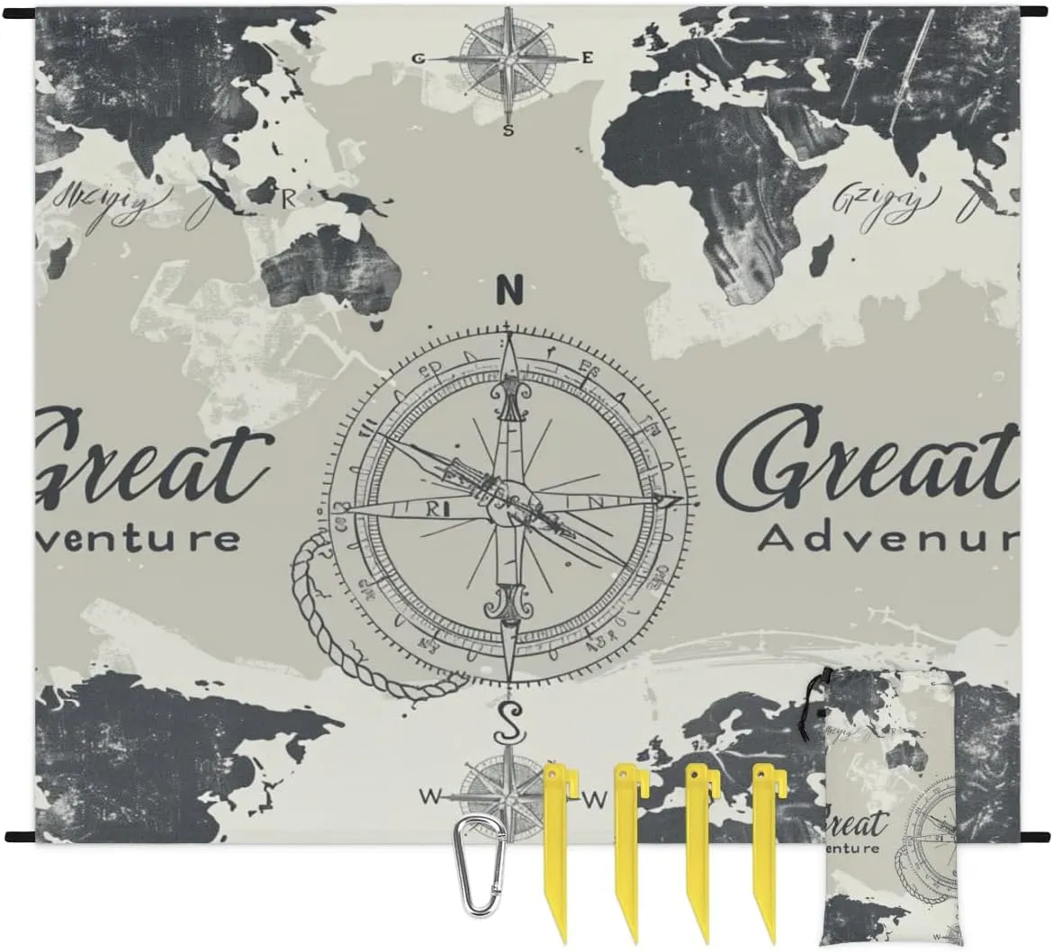 Nautical Compass World Map Beach Blanket Waterproof Sandproof Extra Large Beach Mat Sand Free Quick Drying Lightweight Durable Outdoor Picnic Blanket for Travel, Camping, Hiking
