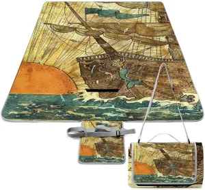 Nautical Sea Map Compass Sailing Ship Waterproof Outdoor Picnic Blanket Sandproof Beach Mat for Camping Hiking Grass Travelling