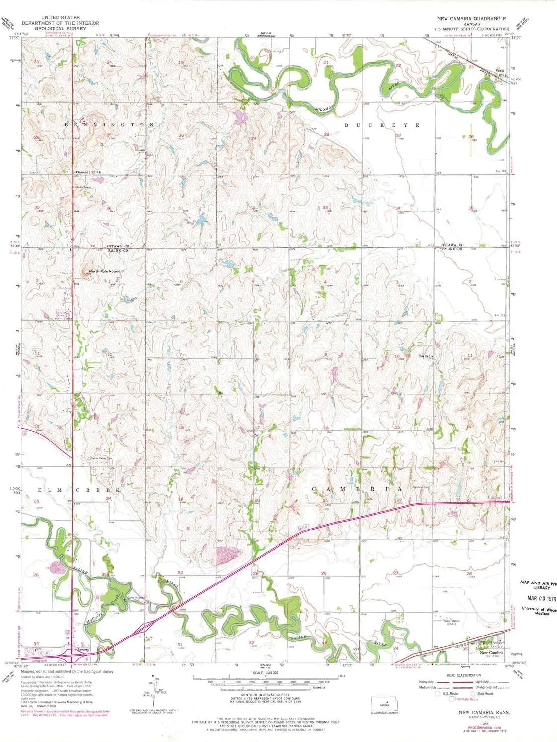 New Cambria KS topo map, 1:24000 Scale, 7.5 X 7.5 Minute, Historical, 1955, Updated 1978, 27.05 x 21.09 in
