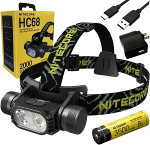Nitecore HC68 Type-C Rechargeable Dual Beam E-Focus Headlamp, Luminus SST-40-W 2000 Lumens, Include Eco-Sensa Type-C USB Cable, Choices of Accessories (  USB Adapters)